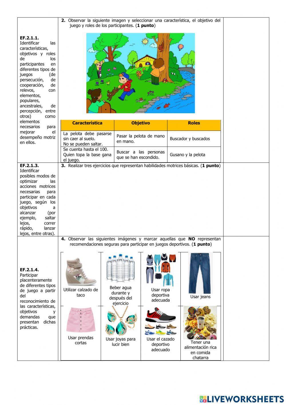 Examen del Primer Quimestre de Educación Física de Cuarto Grado