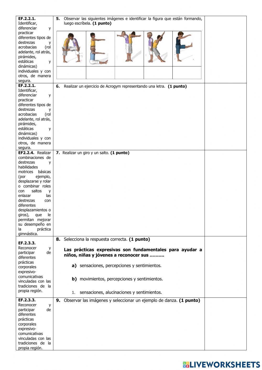 Examen del Primer Quimestre de Educación Física de Cuarto Grado