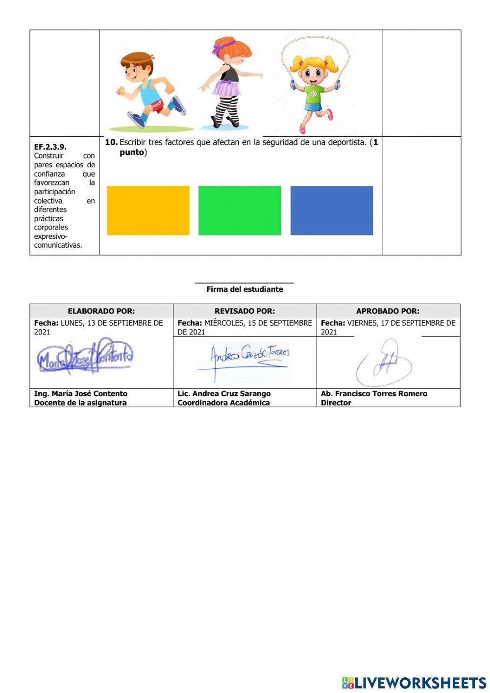 Examen del Primer Quimestre de Educación Física de Cuarto Grado