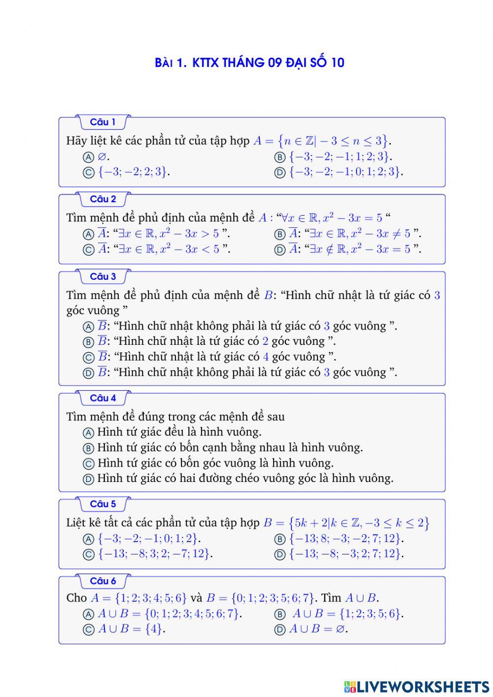 KTTX Tháng 9 Đại số 10