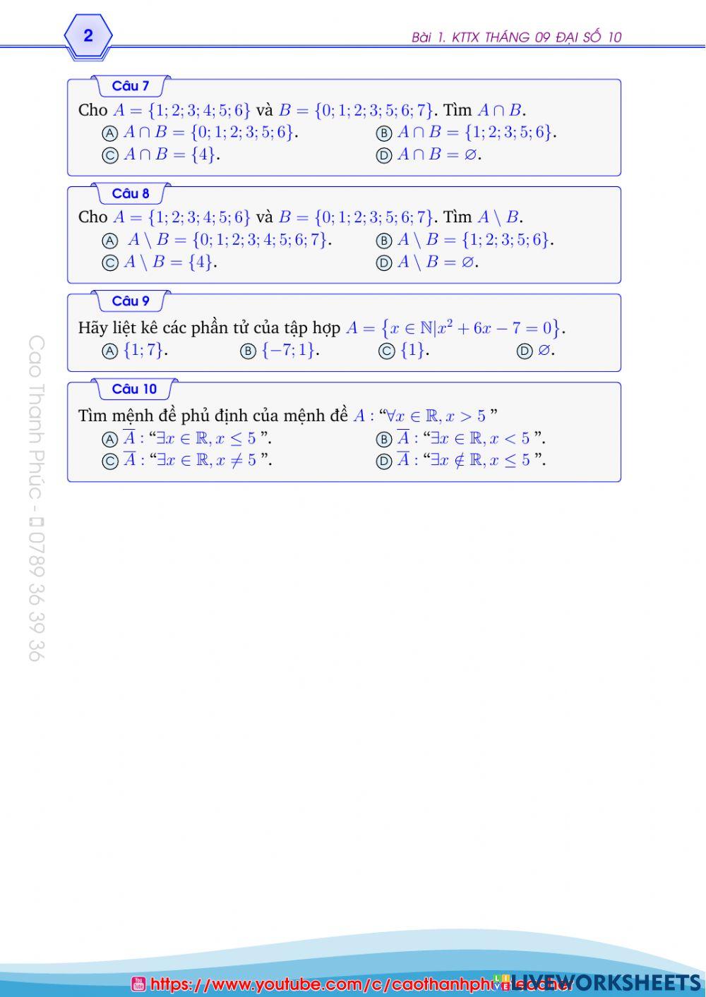 KTTX Tháng 9 Đại số 10