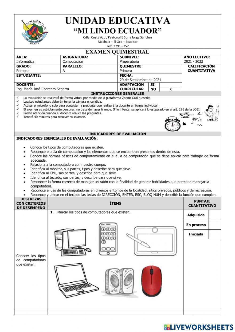 Examen del Primer Quimestre de Computación de Primer Grado