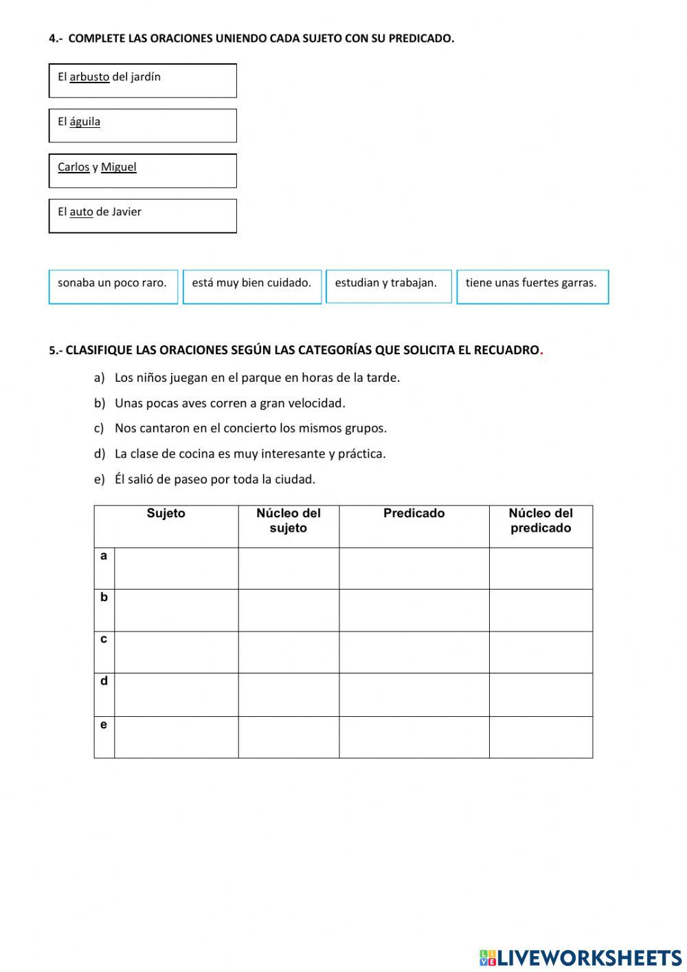 Núcleo del sujeto y predicado