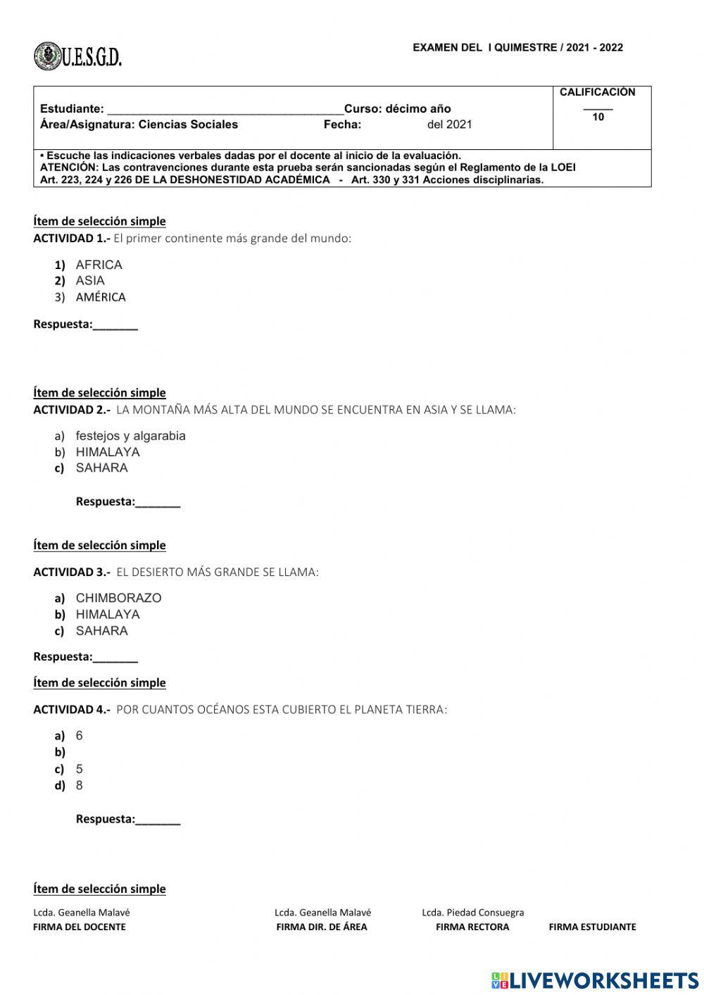 Examen del primer quimestre ccss
