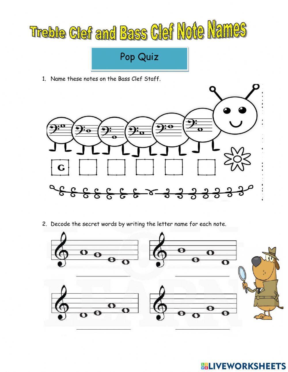 Treble Clef and Bass Clef Note Names Pop Quiz worksheet Live Worksheets