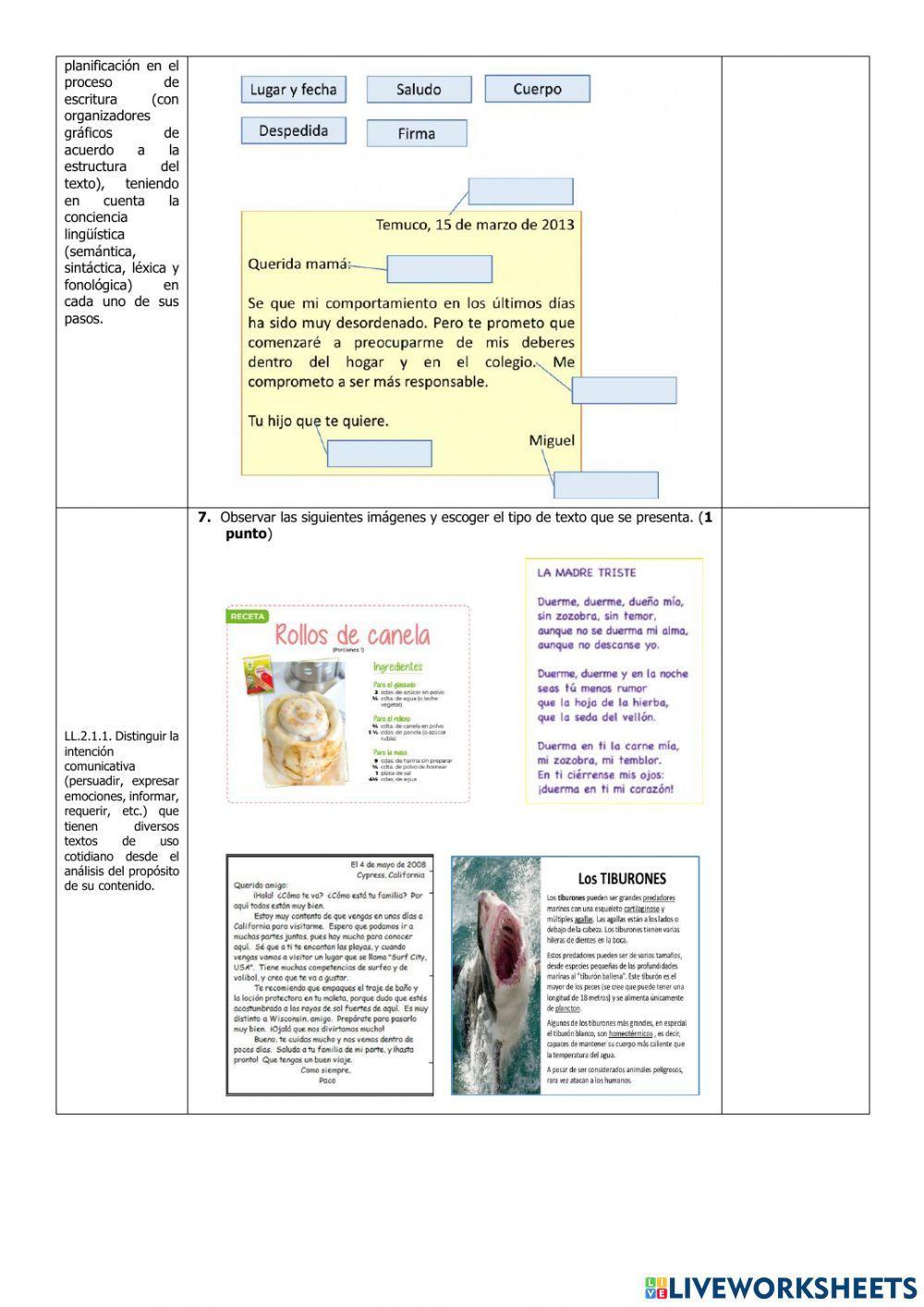 Examen del Primer Quimestre de Lengua y Literatura de Cuarto Grado