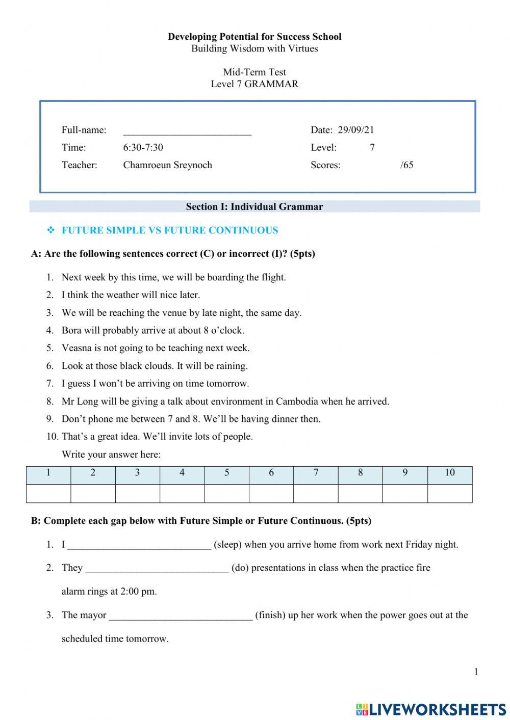 Level 7 Mid-Term Grammar Test
