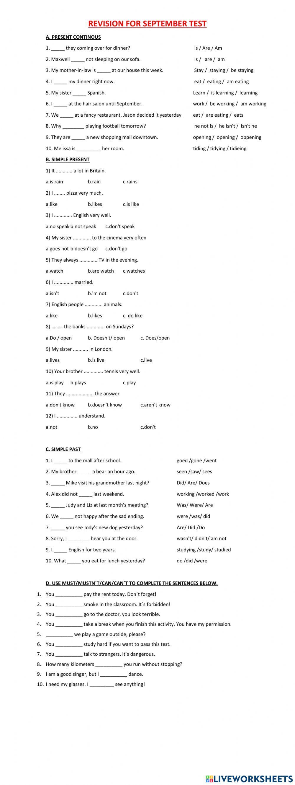 REVISION SEPTEMBER TEST - 1ST TEENS