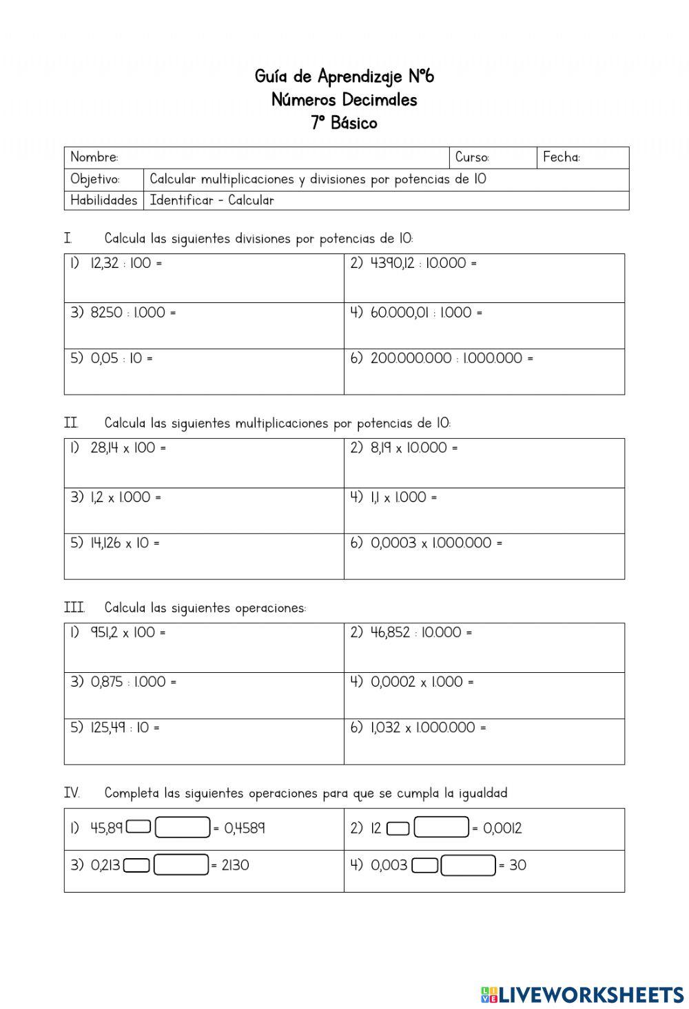 Guía de Aprendizaje N°6 - Multiplicación y división potencias de 10