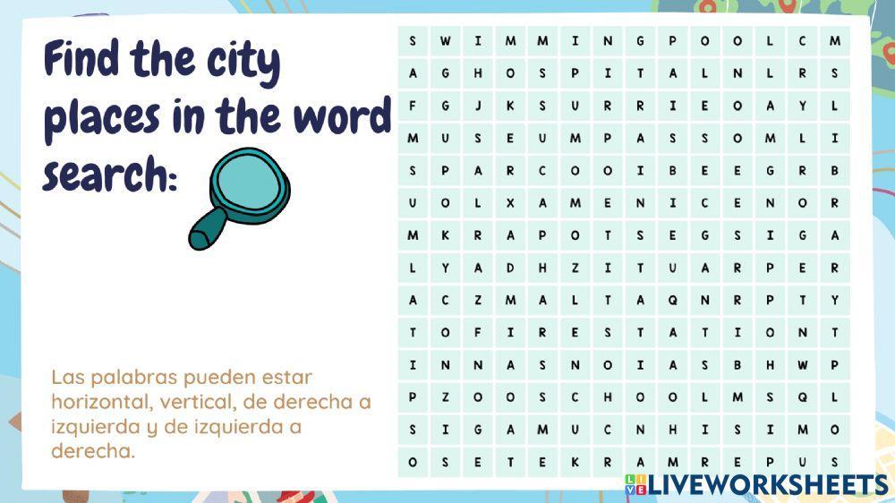 Places in the city wordsearch