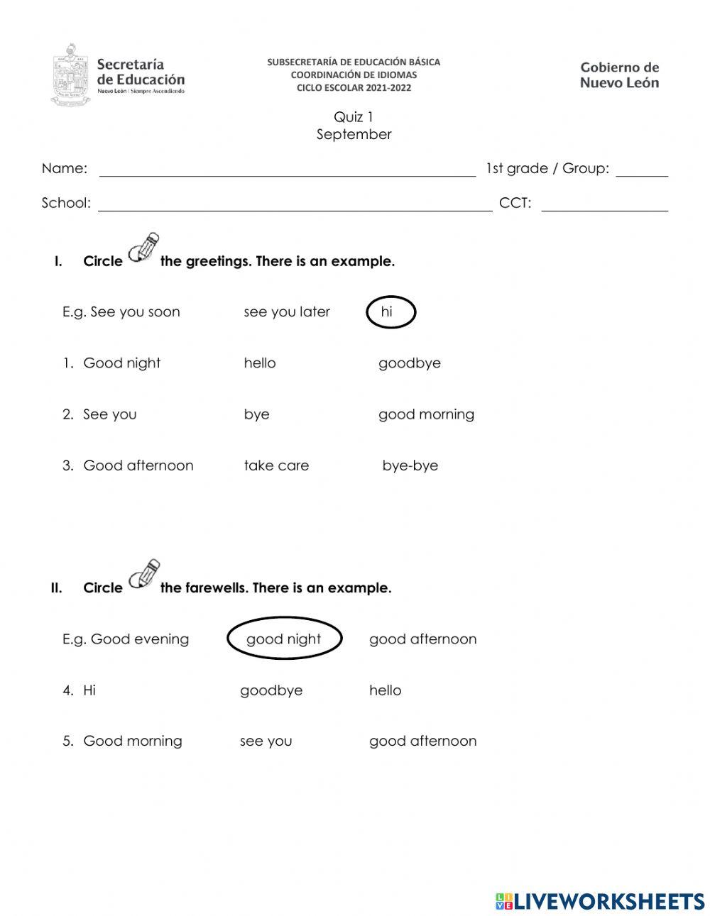 Examen Mensual de Inglés - 1er. Grado - Septiembre