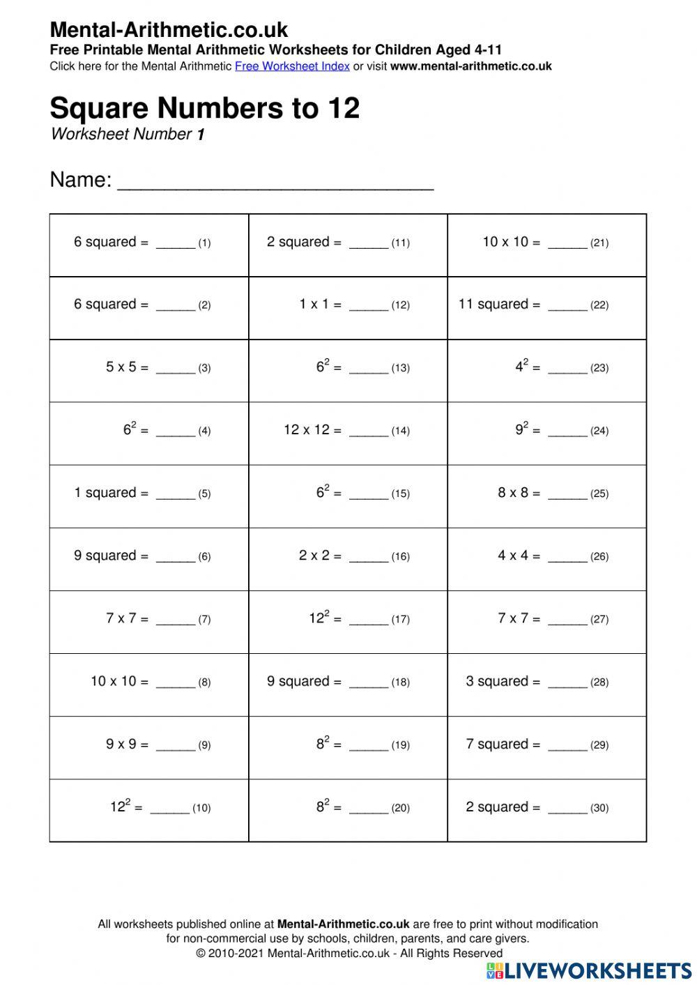 Square Numbers 4157503 jerryloa1 Live Worksheets