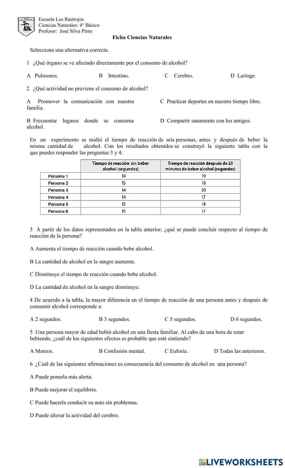 Ficha Efectos de Alcohol en nuestro organismos.