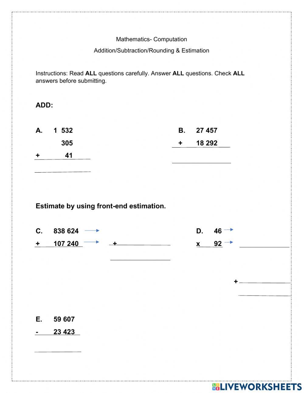 Computation online activity | Live Worksheets