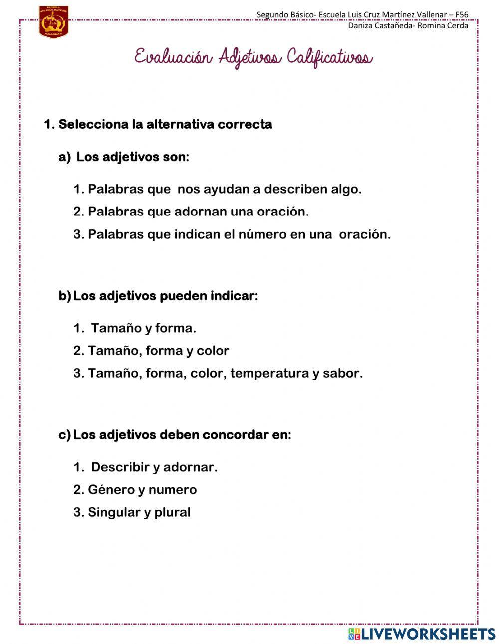 Evaluacion adjetivos calificativos