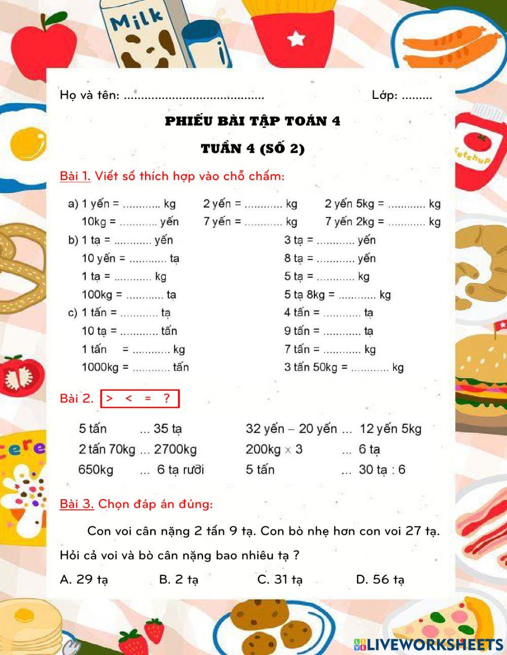 Bài tập toán 4 - tuần 4 (số 2)