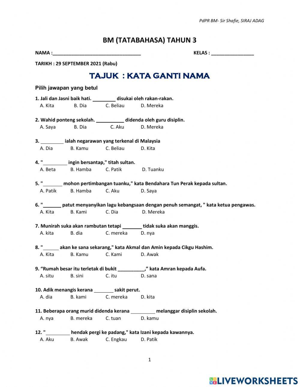 Latihan Kata Ganti Nama