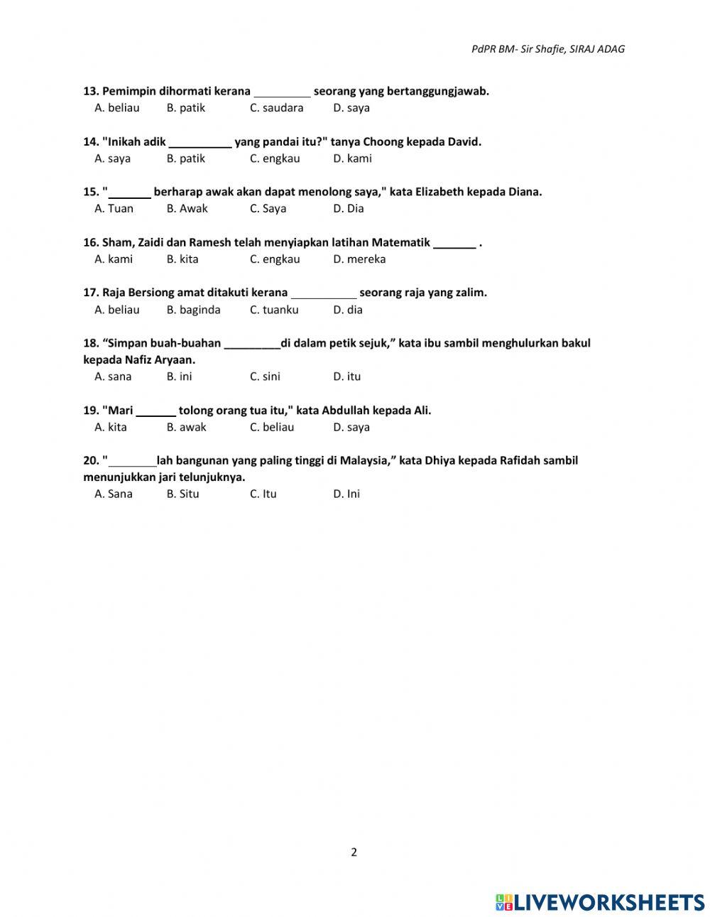 Latihan Kata Ganti Nama