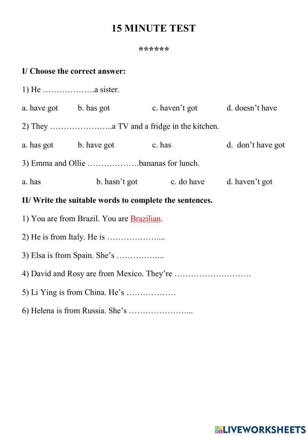 15 minute Test for Grade 6