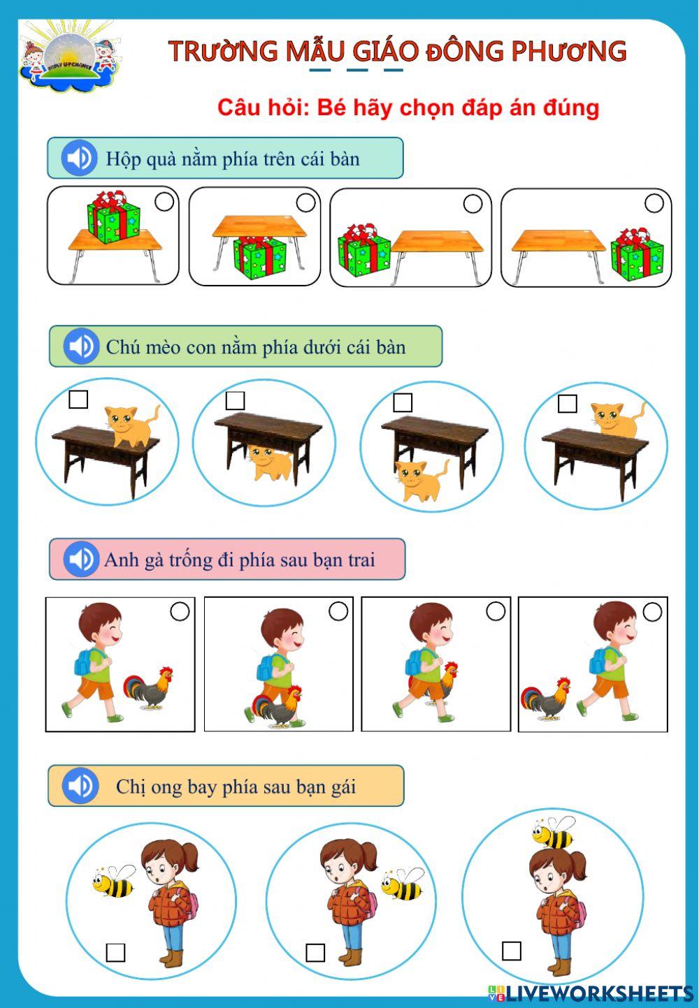 Nhận biết phía trên, phía dưới, phía trước phía sau
