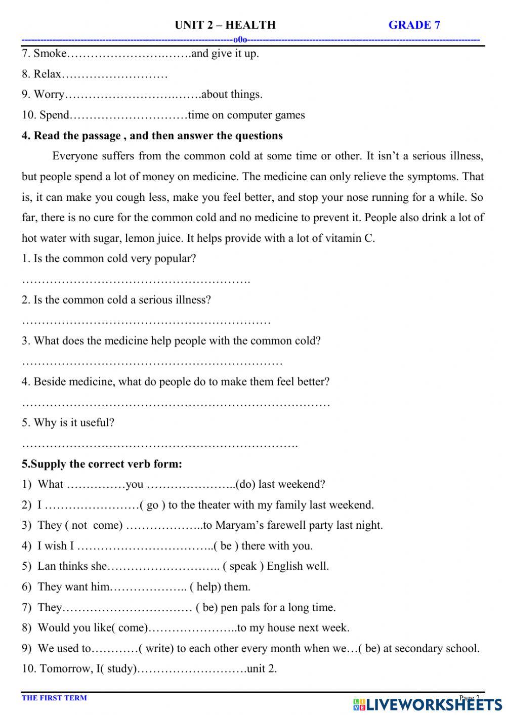 English 7 Unit 2- Health test