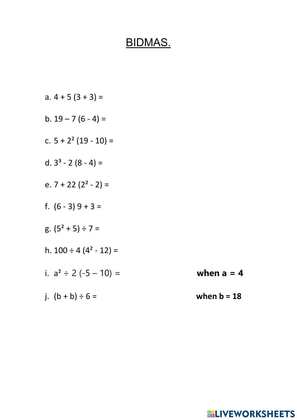 Numeracy. BIDMAS. online exercise for | Live Worksheets