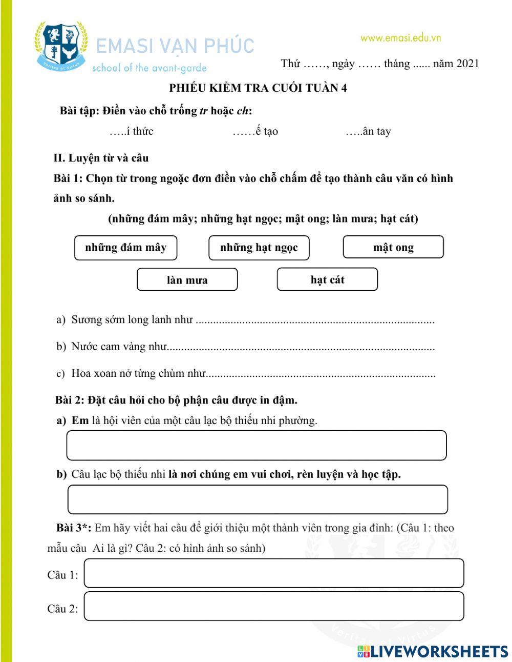 Bài kiểm tra cuối tuần 4