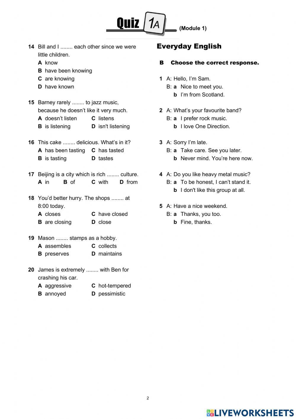 On Screen B2 - MODULE 1 - Quiz 1A