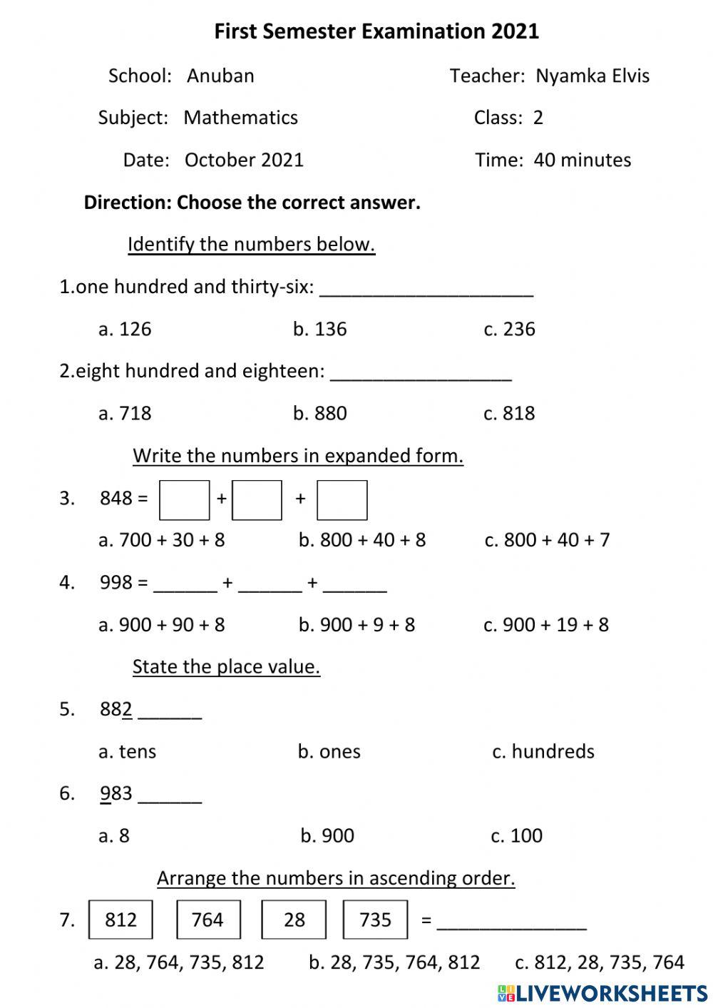 Exam of Elvis in Math 2-5