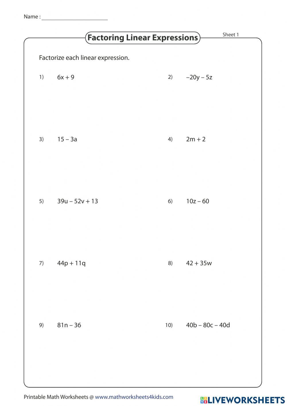 Factoring Linear Expressions worksheet Live Worksheets