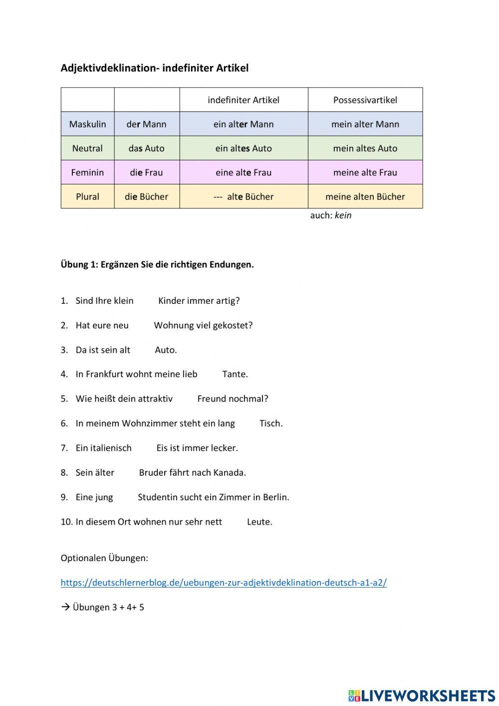 Adjektivdeklination-Indefiniter Artikel-Nominativ