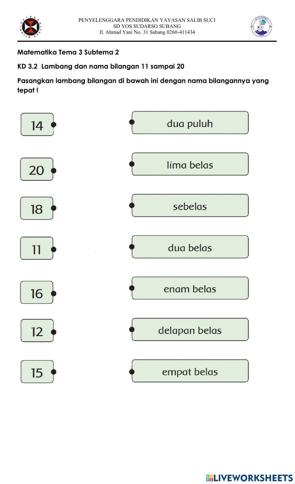 Latihan 2 Matematika-Memasangkan Lambang Bilangan dan Nama Bilangan 11-20