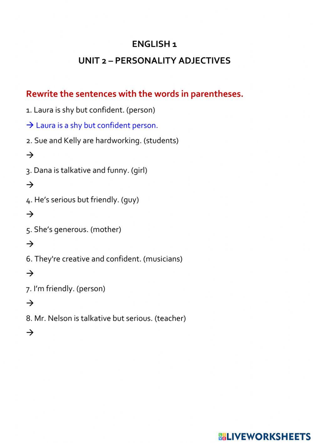 English 1 - U2A - Personality adjectives