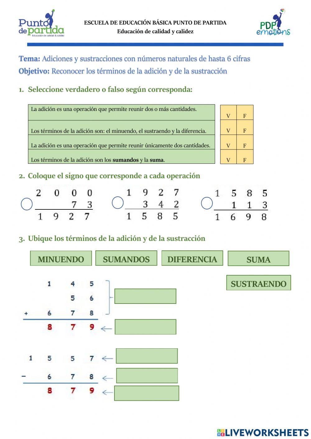 Definición y términos de la adición y sustracción