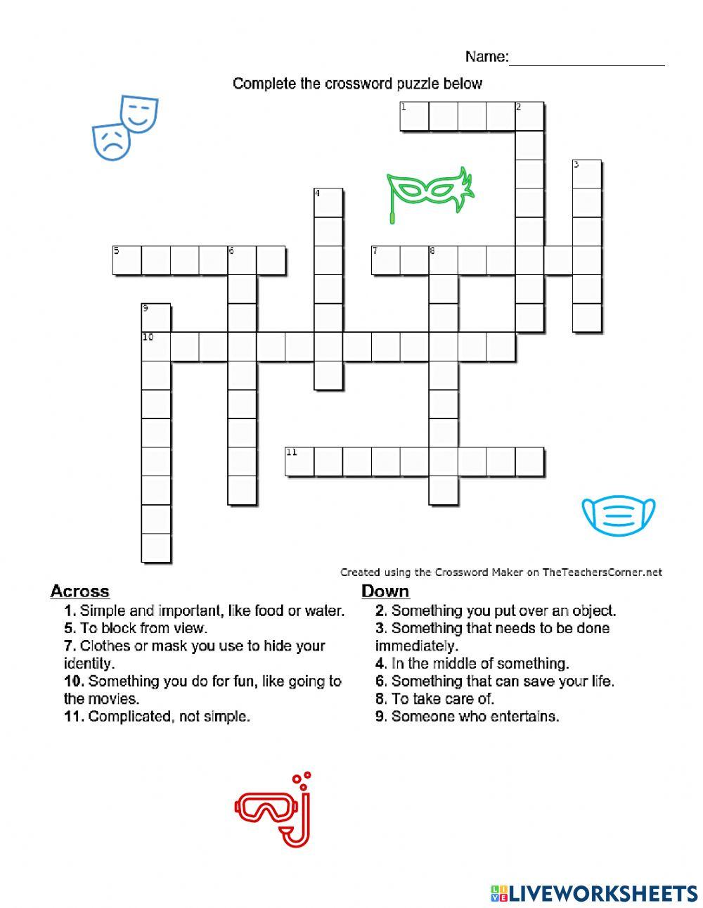 Crossword puzzle Unit 6 Masks 1462400 Teacher PaolaMG