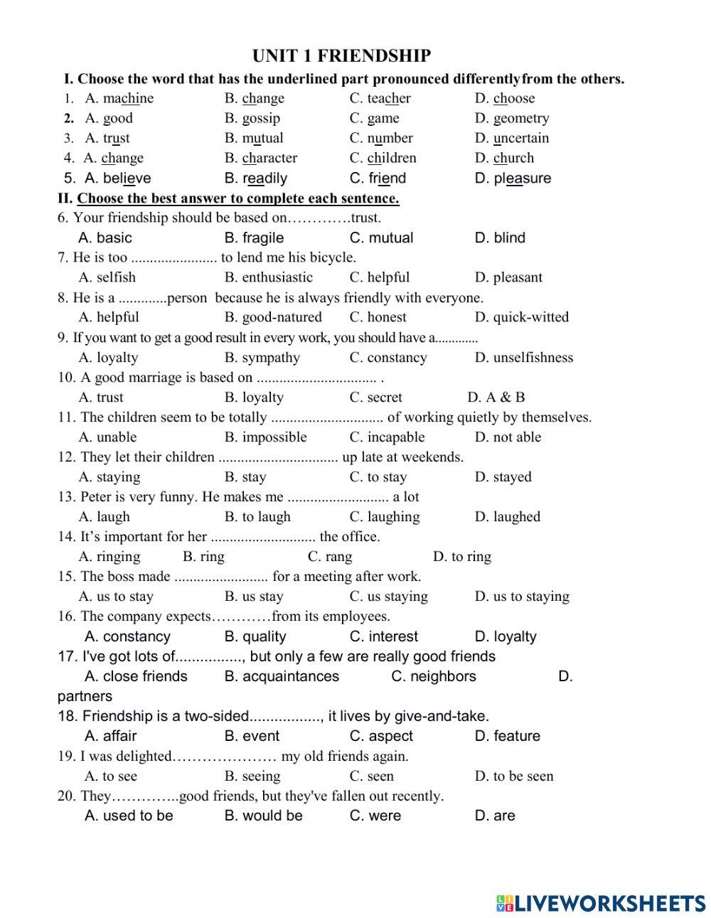 Tieng anh 11 unit 1 worksheet | Live Worksheets