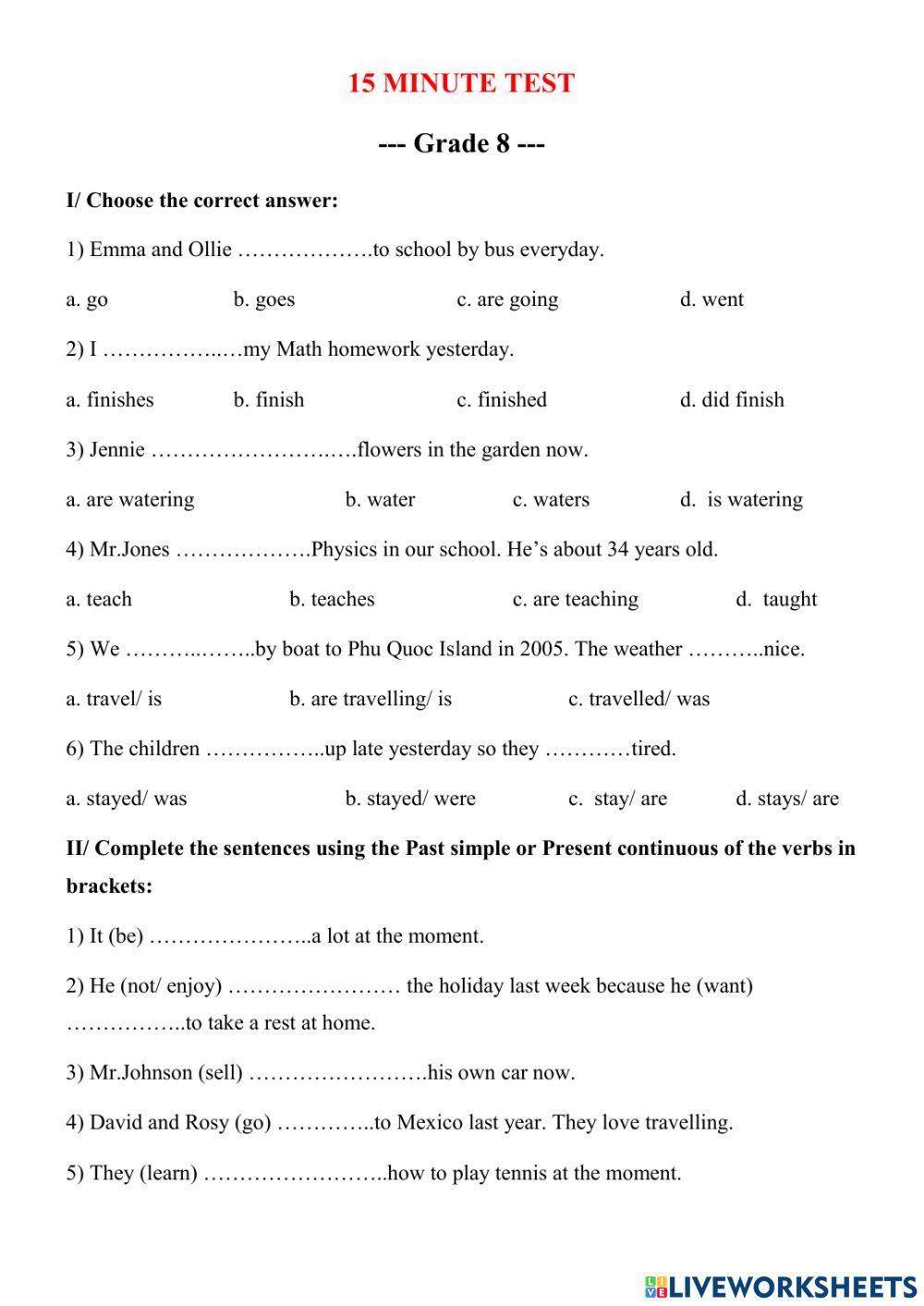 15 minute Test - Grade 8