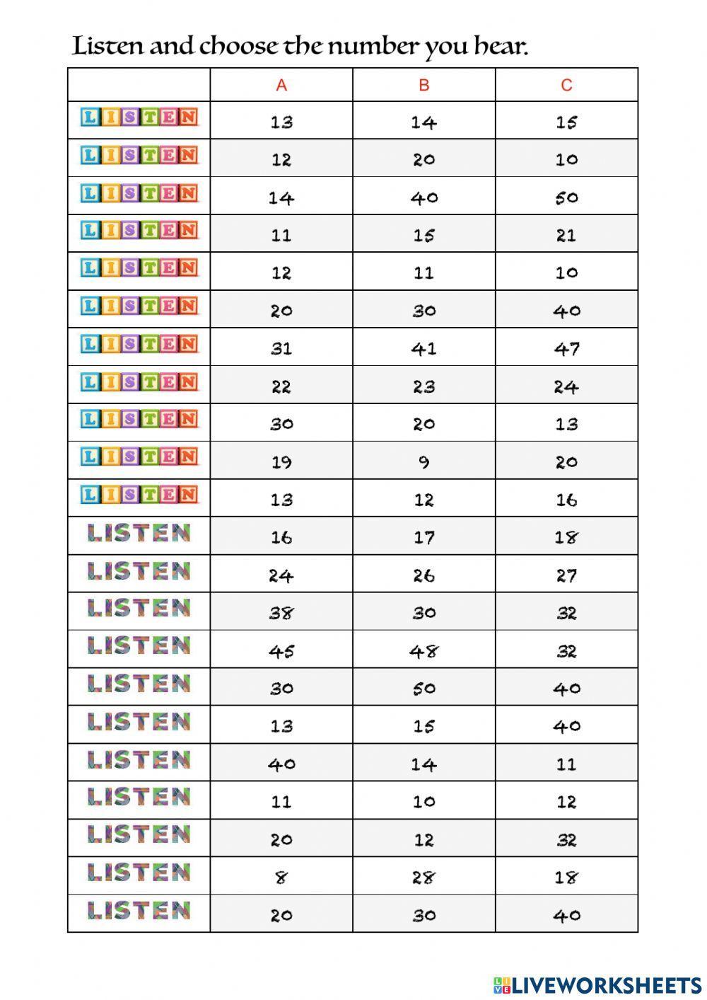 Numbers to 50 listening game