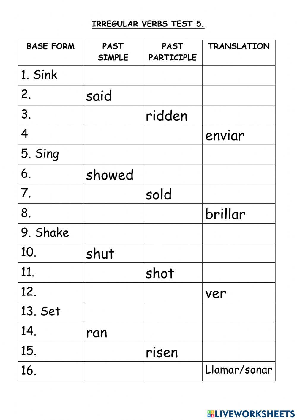 Irregular verbs test 5