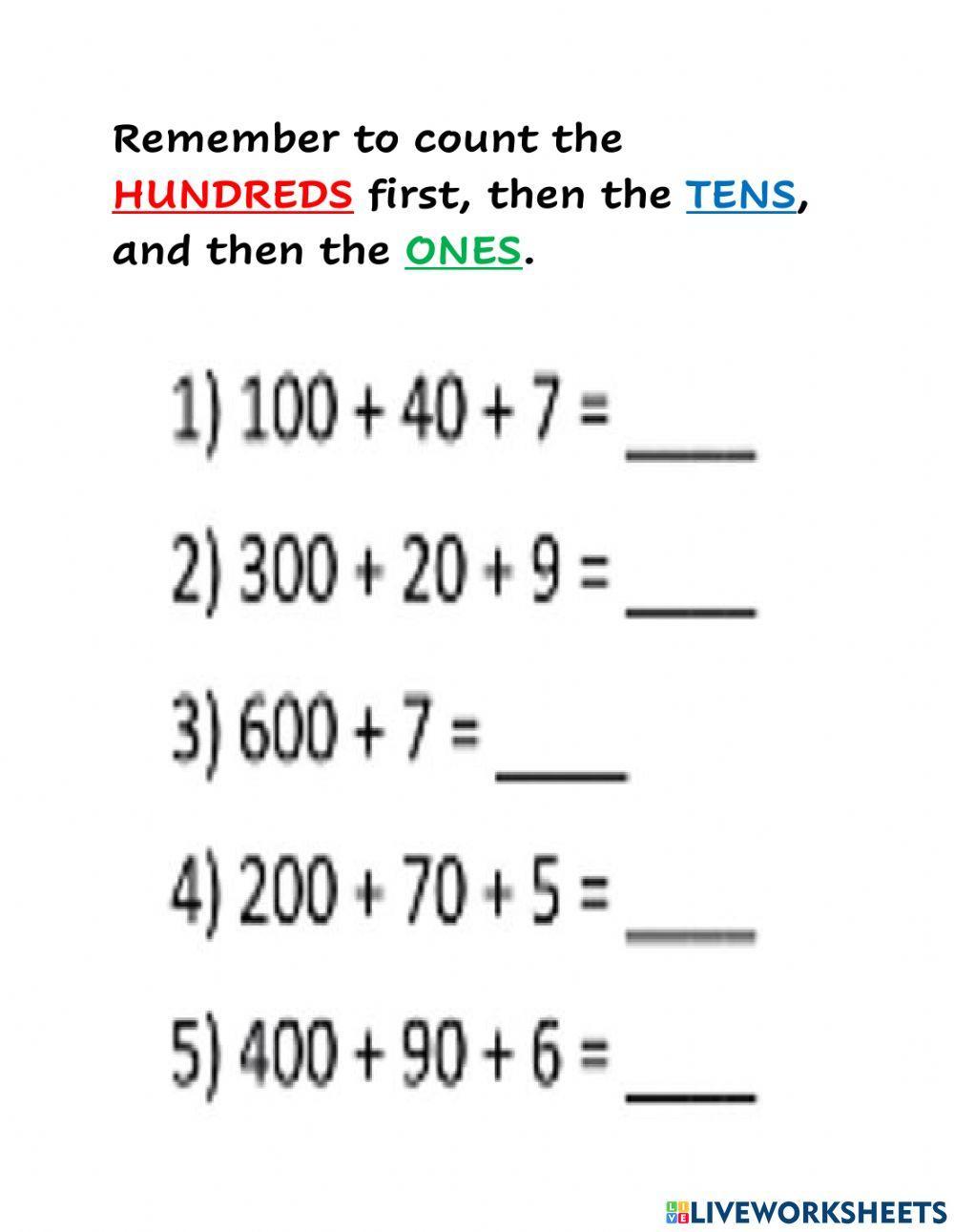 Hundreds, Tens, Ones activity Live Worksheets