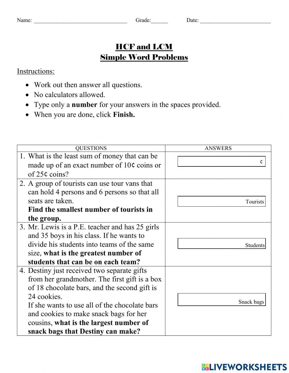 HCF and LCM Word Problems - Classwork Activity 5186548