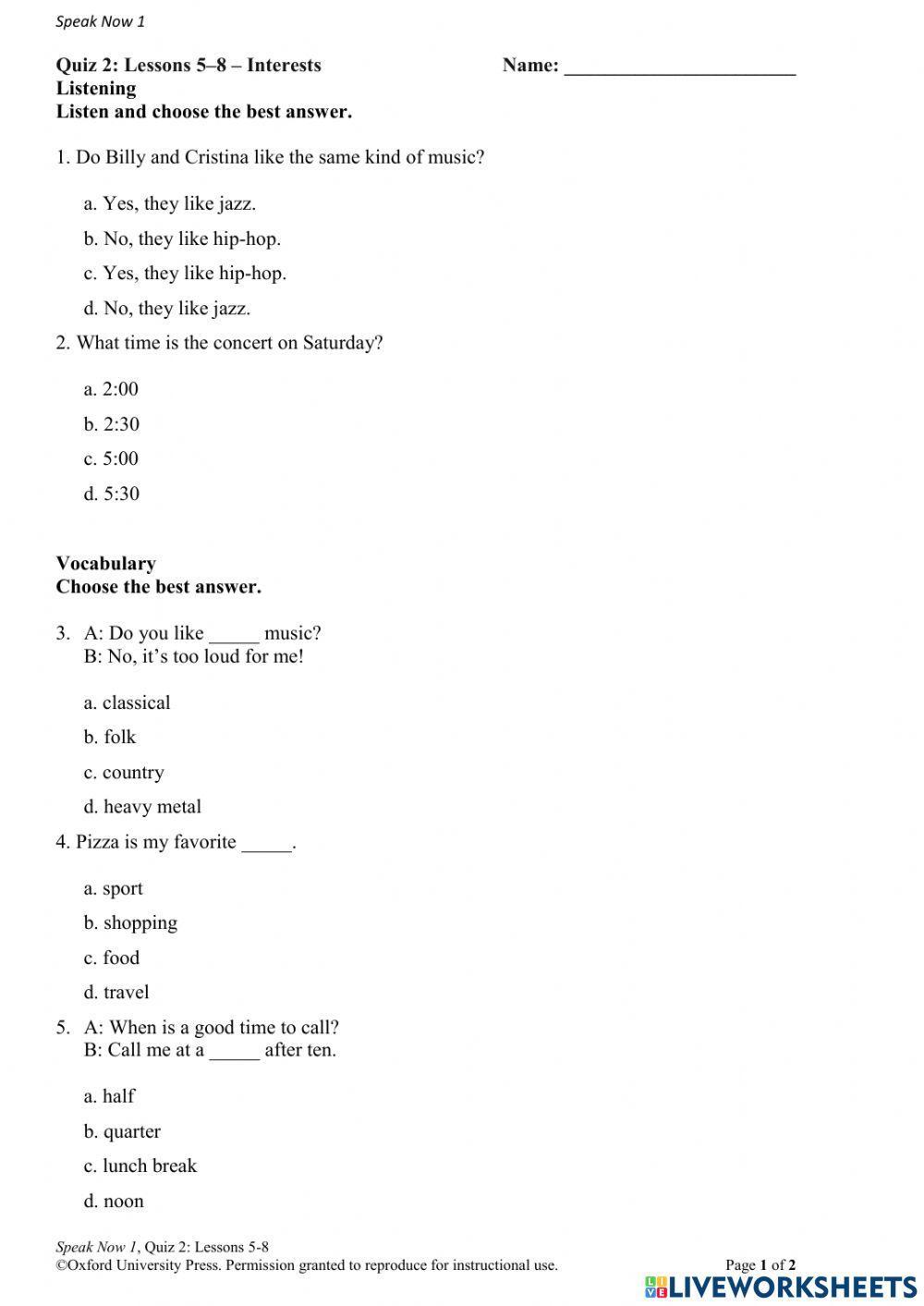Speak Now 1 Quiz 2