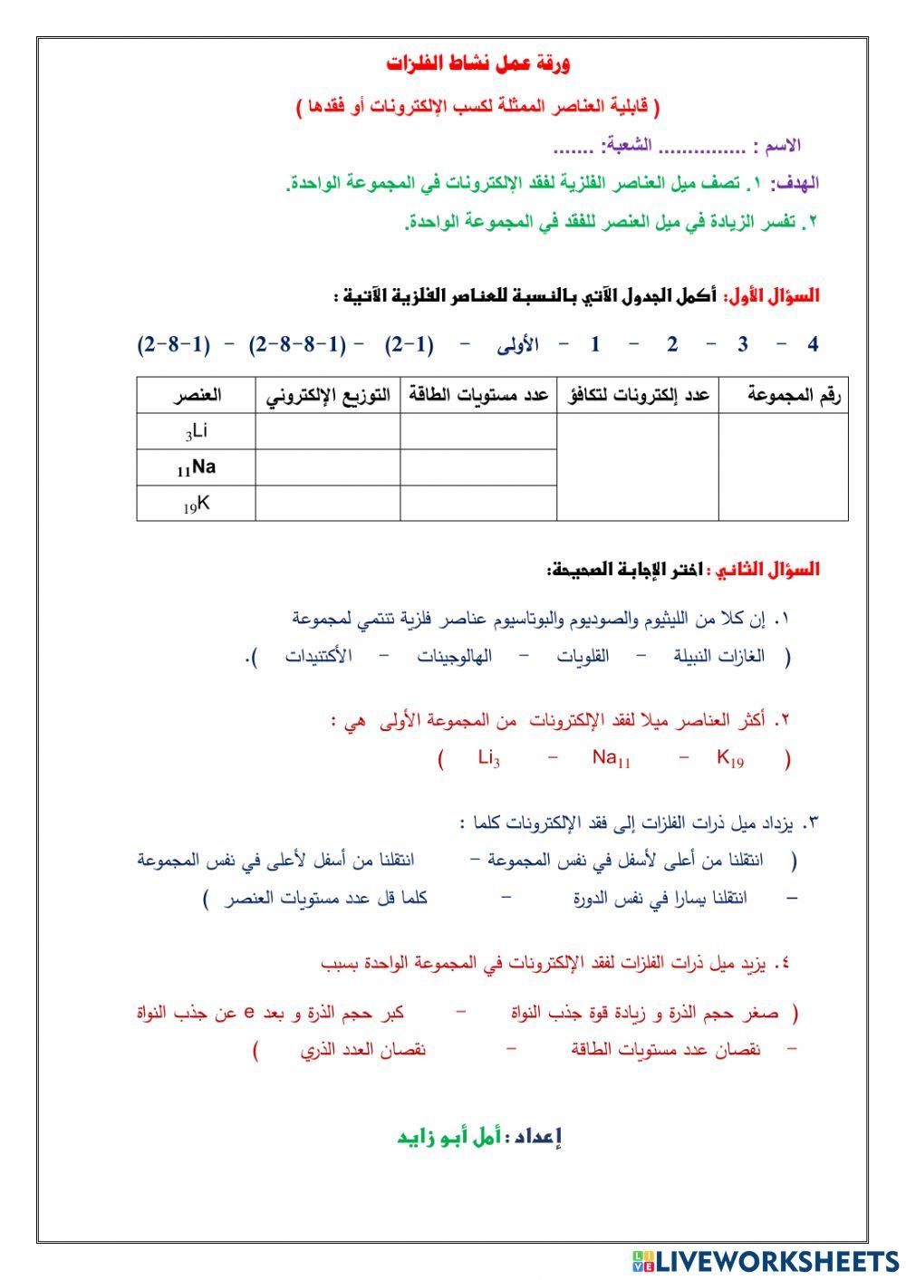 ورقة عمل نشاط الفلزات