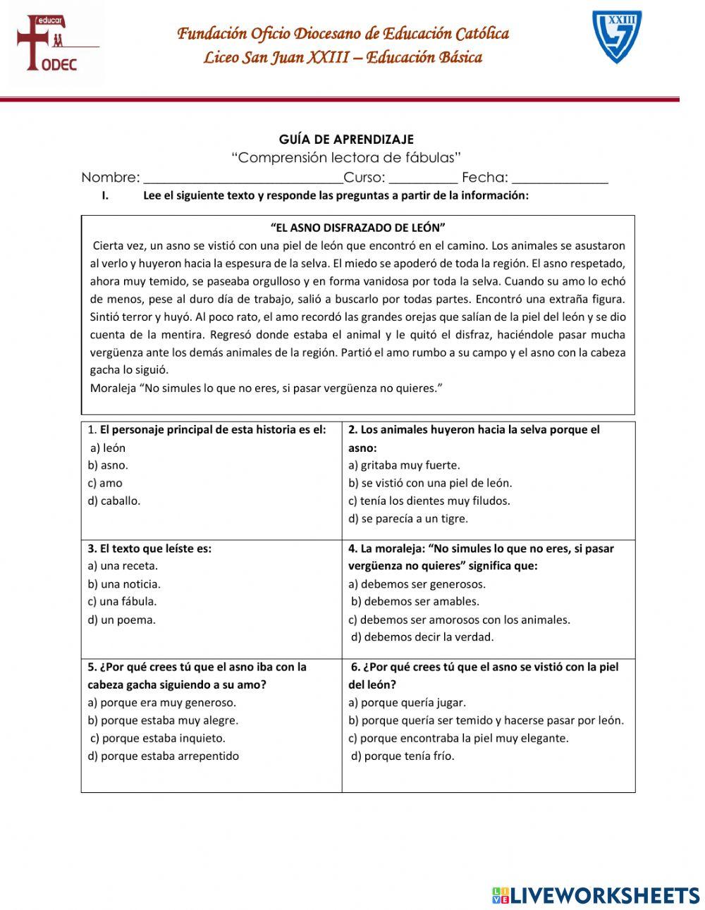 Guía Comprensión Lectora Fábula