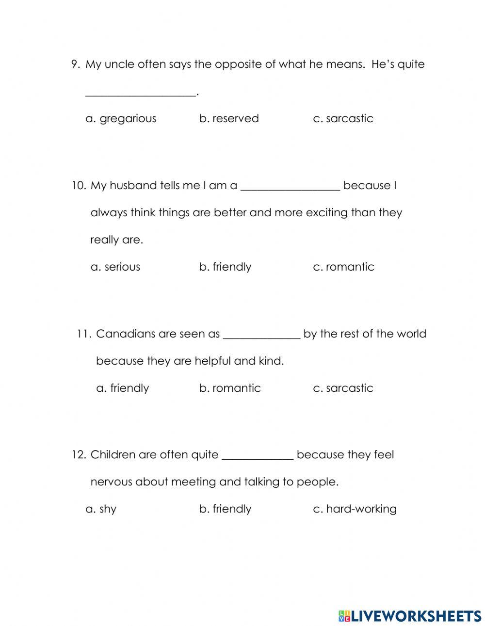 Personality Traits Multiple Choice