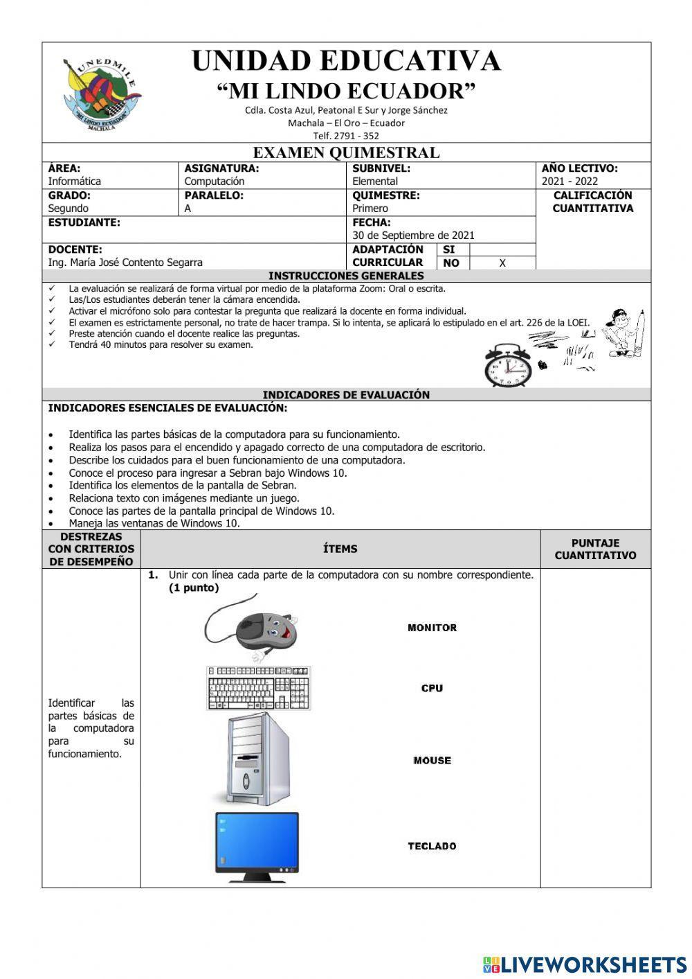 Examen del Primer Quimestre de Computación de Tercer Grado