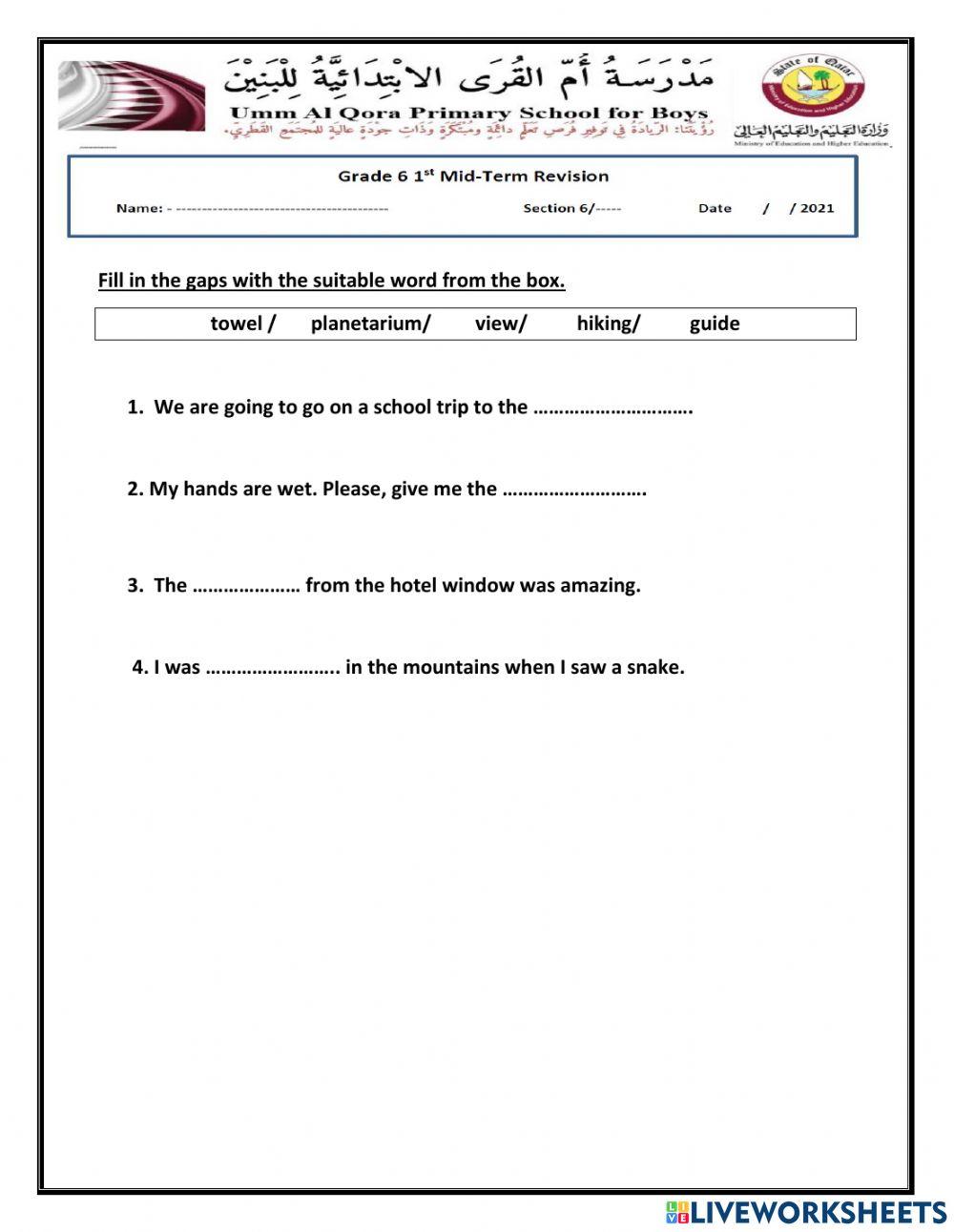 Grammar First Mid-Term Grade 6