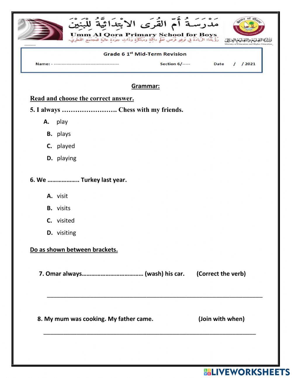 Grammar First Mid-Term Grade 6