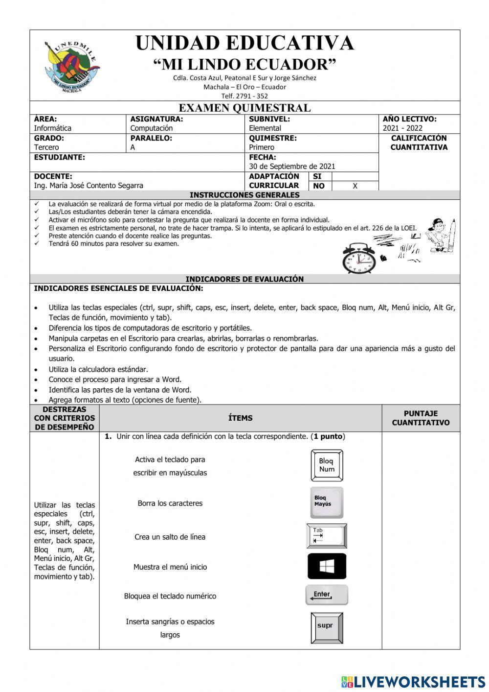 Examen del Primer Quimestre de Computación de Tercer Grado