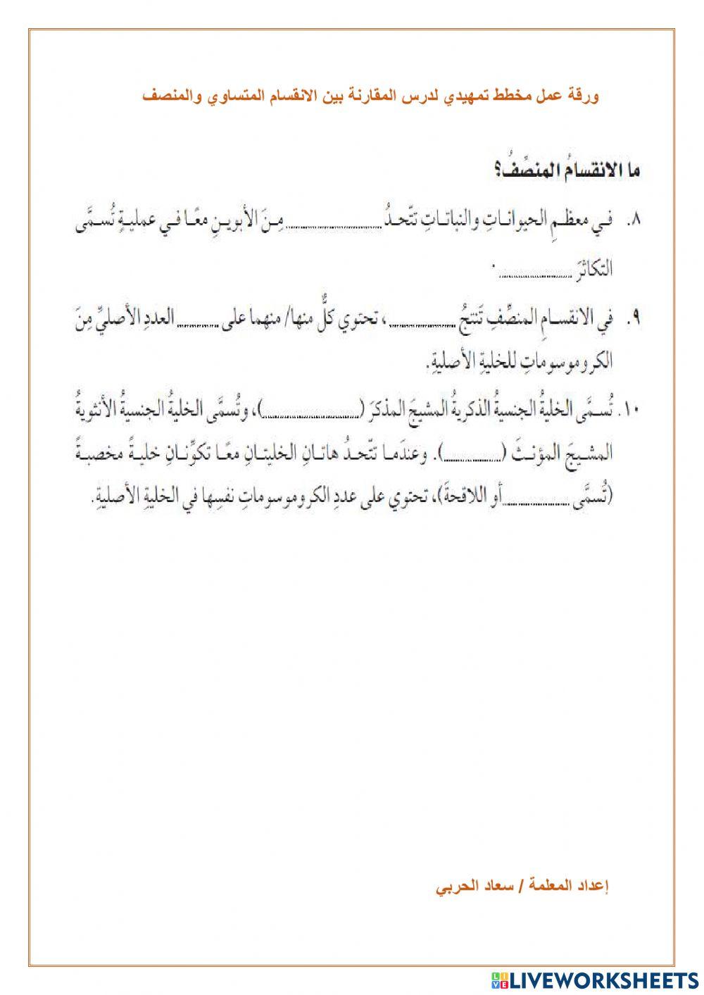 مخطط تمهيدي لدرس مقارنة الانقسام المتساوي والمنصف